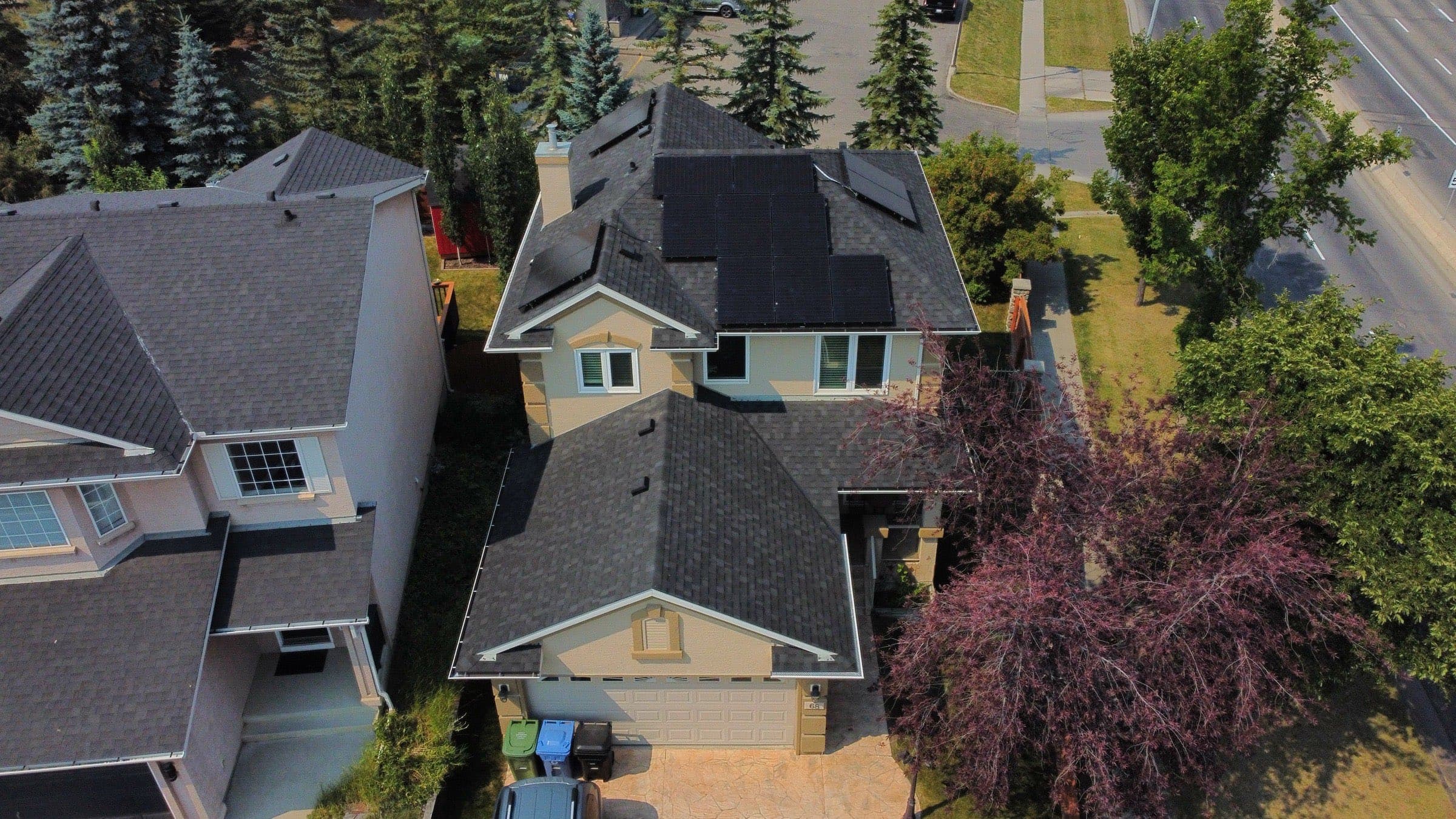 Rooftop solar array on a Calgary home, from above