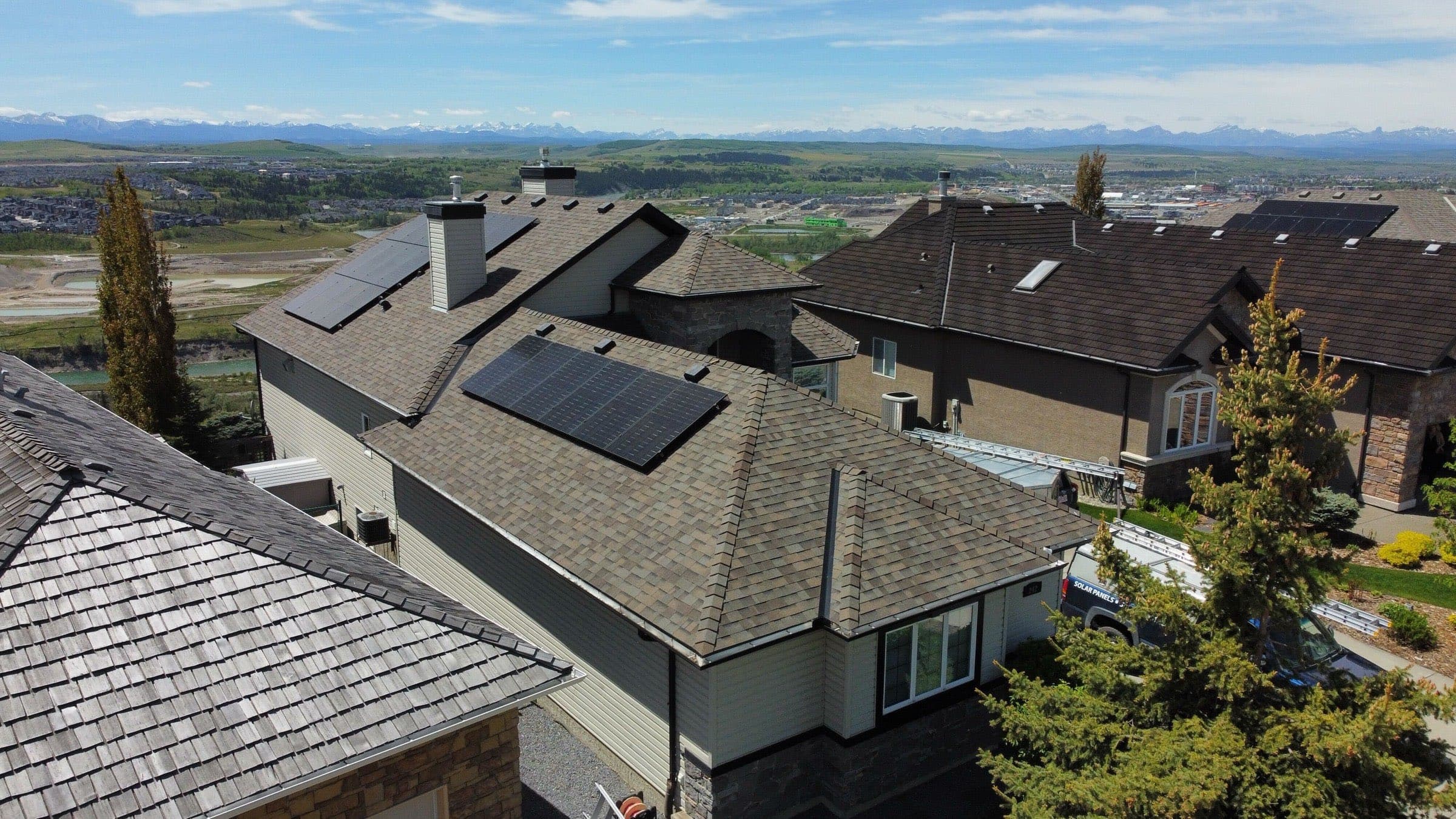 Rooftop solar array on a Calgary home, from above