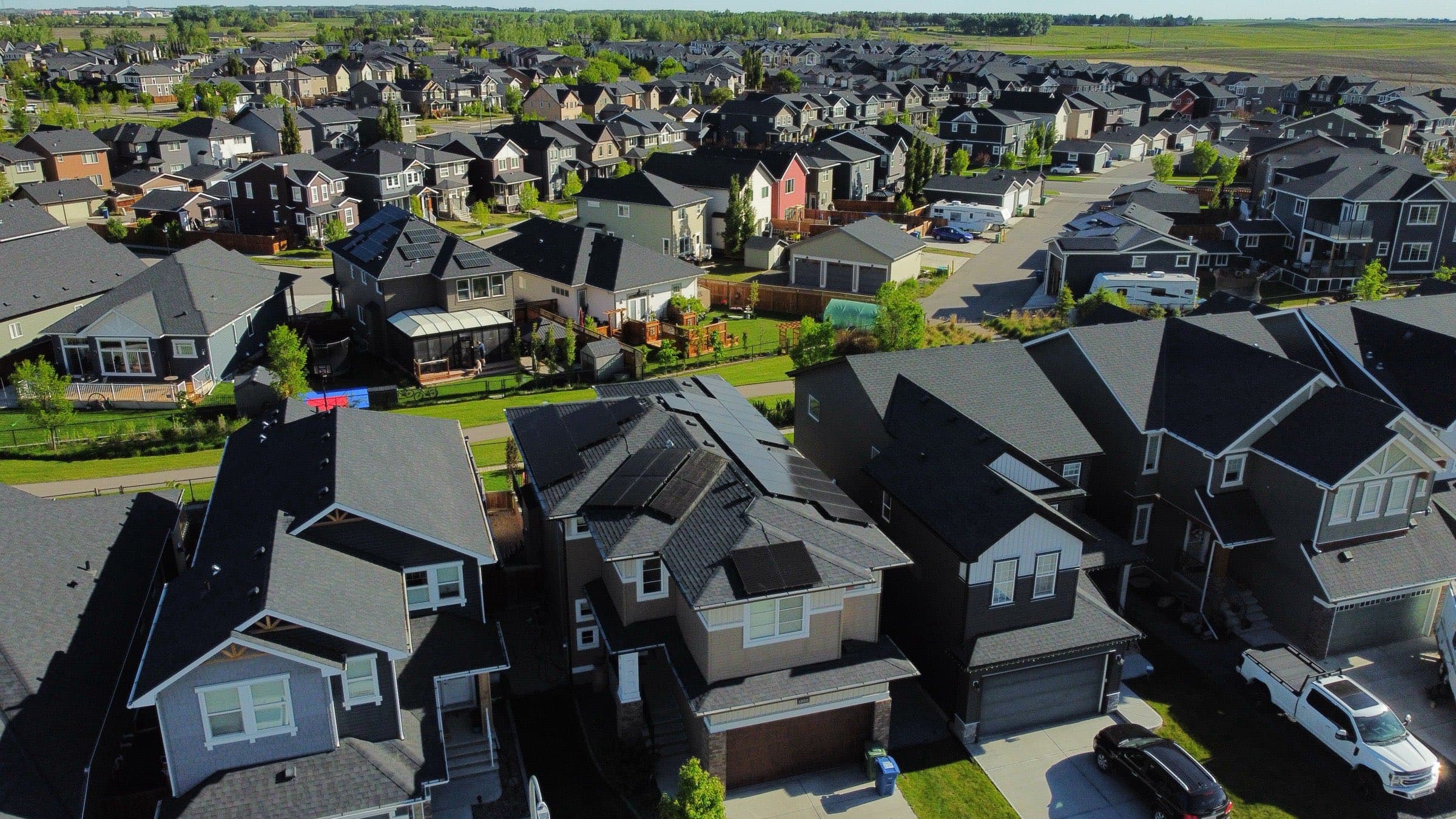 A 14 kW rooftop solar array on an Airdrie home, from above