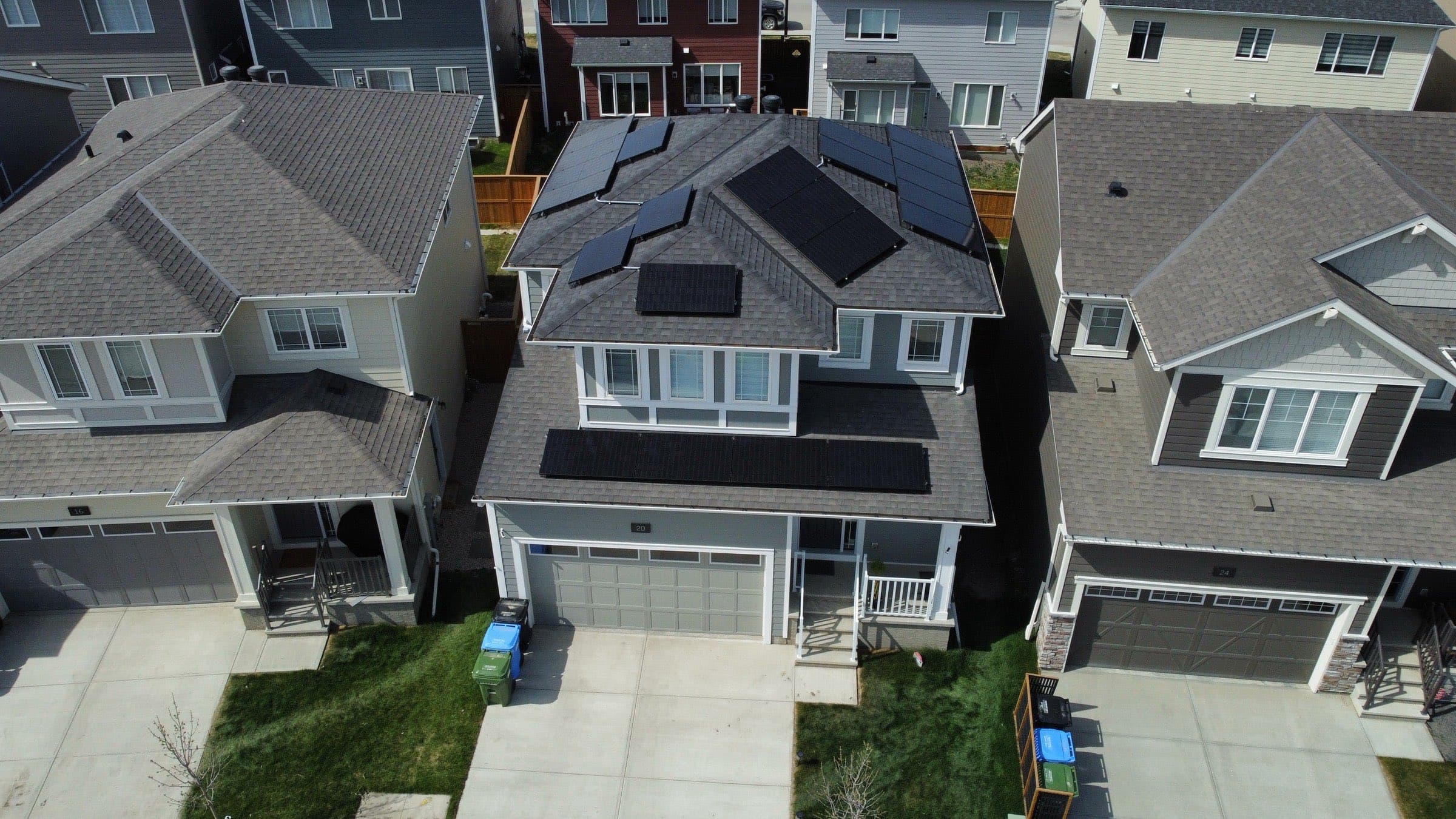 Rooftop solar array on a two-storey home, from above