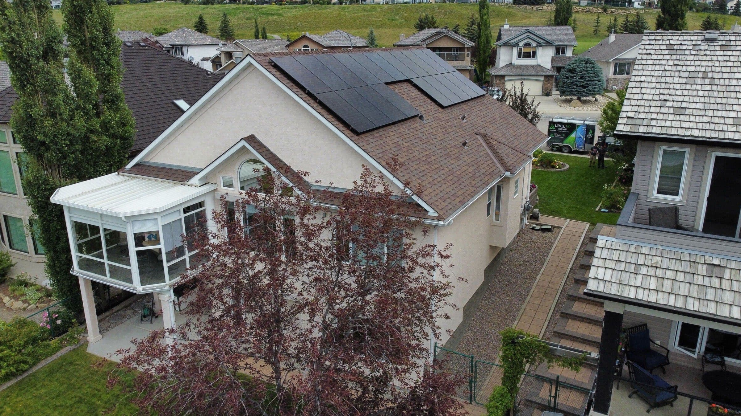 Rooftop solar array on an Okotoks home, from above